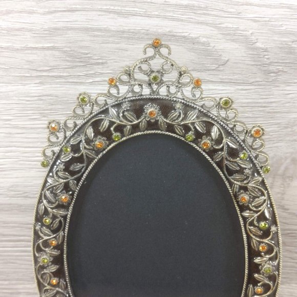 Ornament Oval Photo Frame Decorative Jeweled Photo Display Stones Floral Pattern - Picture 5 of 13